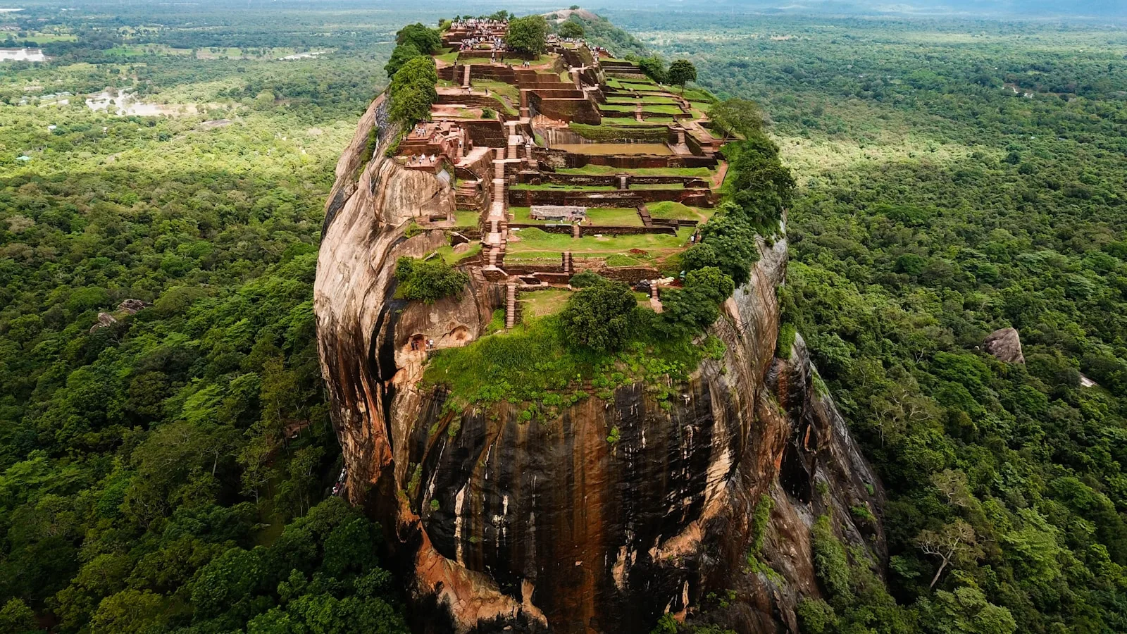 Vue sur le Rocher du Lion de Sigiriya entouré de la forêt tropicale du Triangle culturel au Sri Lanka